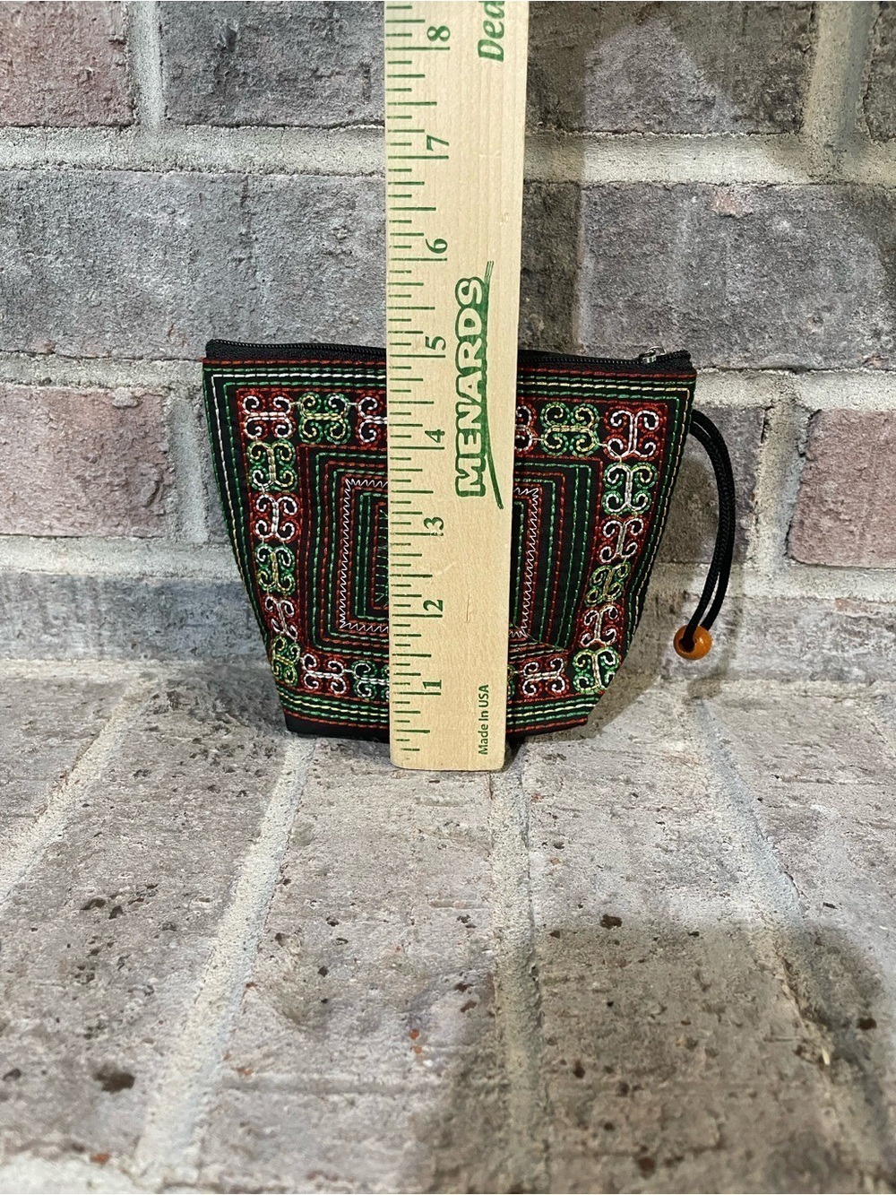Hand-Embroidered Black Cosmetic Pouch with Green & Red Accents - Picture 4 of 9